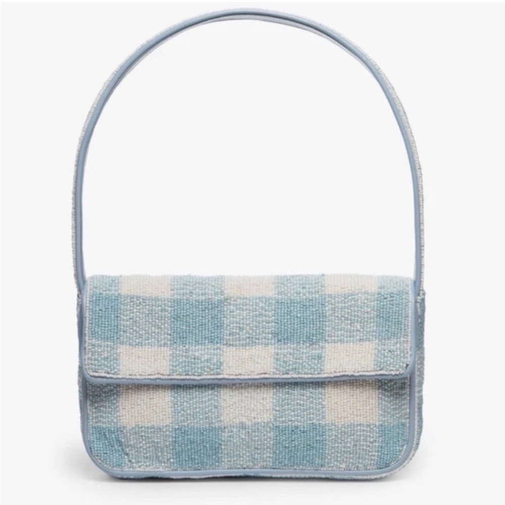 STAUD Blue and White Gingham Shoulder Bag